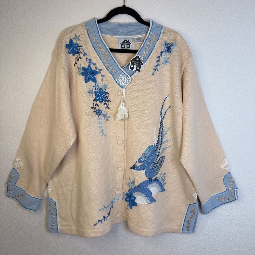 Storybook Knits 3X Asian Pheasant Embroidered Cardigan Blue Cream Floral NWT